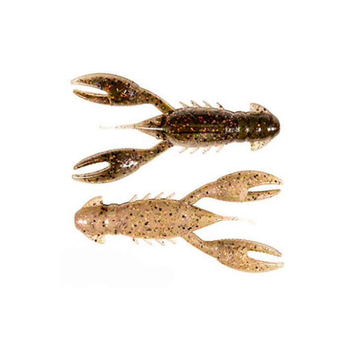 Two soft plastic fishing lures designed to resemble crawfish, one in dark brown and the other in light tan with flecks, labeled as Z-Man Pro CrawZ for fishing tackle use.
