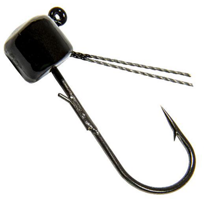 Close-up of a Z-Man Pro Shroomz Weedless fishing lure featuring a black weighted head, weed guard wires, and a sharp single hook designed for effective fishing tackle use.