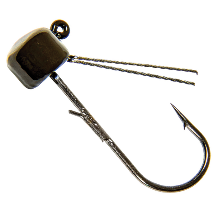 Close-up image of a Z-Man Pro Shroomz Weedless fishing lure hook featuring a weighted head, sharp curved hook, and twin weed guards designed for snag-free fishing.