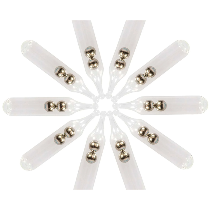 Clear cylindrical plastic rattles arranged in a circle, each containing two small metal balls, designed as part of the Z-Man Rattle Snaker Kit fishing tackle.