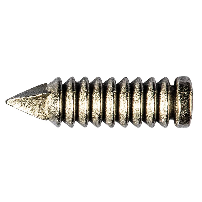Close-up image of a metallic, textured fishing tackle component shaped like a short, threaded spike with a pointed tip, identified as Z-Man Rattle-Snaker Tungsten Spikez.