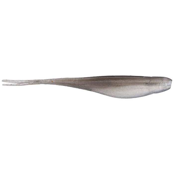 Z-Man Scented Jerk Shadz fishing lure in translucent gray with a slender, minnow-like body and twin tail design for lifelike movement in water.