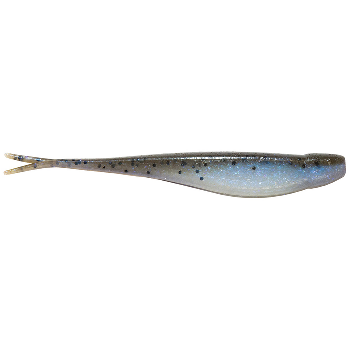 Z-Man Scented Jerk Shadz fishing lure in translucent gray with black spots and a forked tail, designed for effective musky and freshwater fishing tackle.