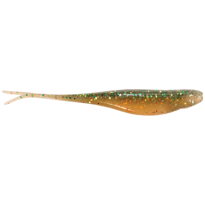 Z-Man Scented Jerk Shadz fishing lure in translucent green and brown with multicolored glitter, designed to mimic baitfish for attracting musky and other game fish.