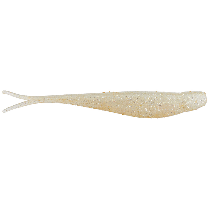 Z-Man Scented Jerk Shadz fishing lure in light translucent color with subtle glitter, designed for realistic movement to attract muskies and other game fish.