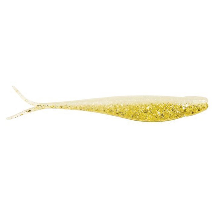 Z-Man Scented Jerk Shadz fishing lure in translucent gold with glitter accents, designed for lifelike movement to attract musky and other freshwater fish.