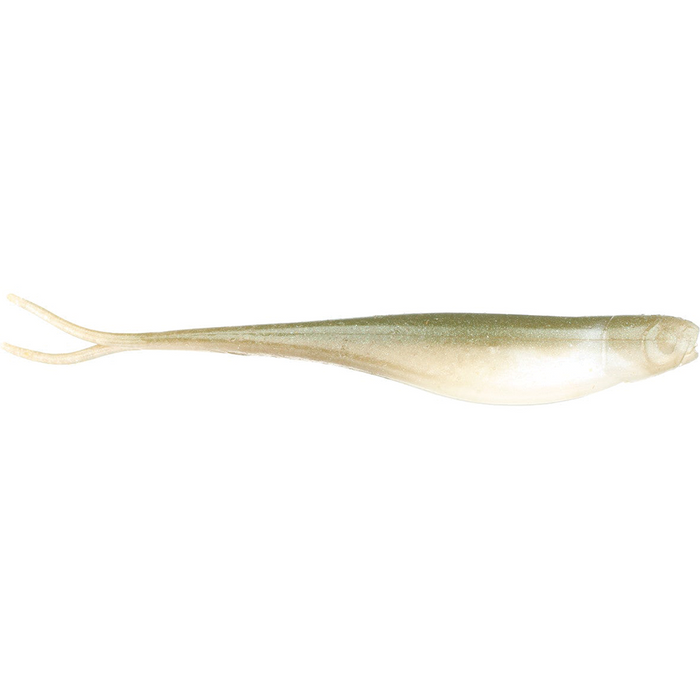 Z-Man Scented Jerk Shadz fishing lure in natural green and white coloration, featuring a slender body and forked tail designed for lifelike movement in water.