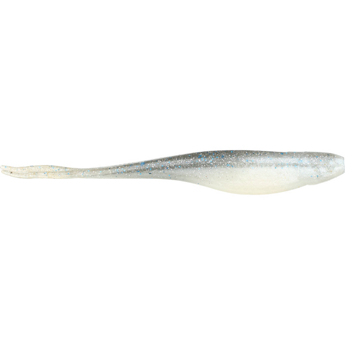 Z-Man Scented Jerk Shadz soft fishing lure in translucent white and silver with blue flecks, designed for realistic movement to attract musky and other game fish.