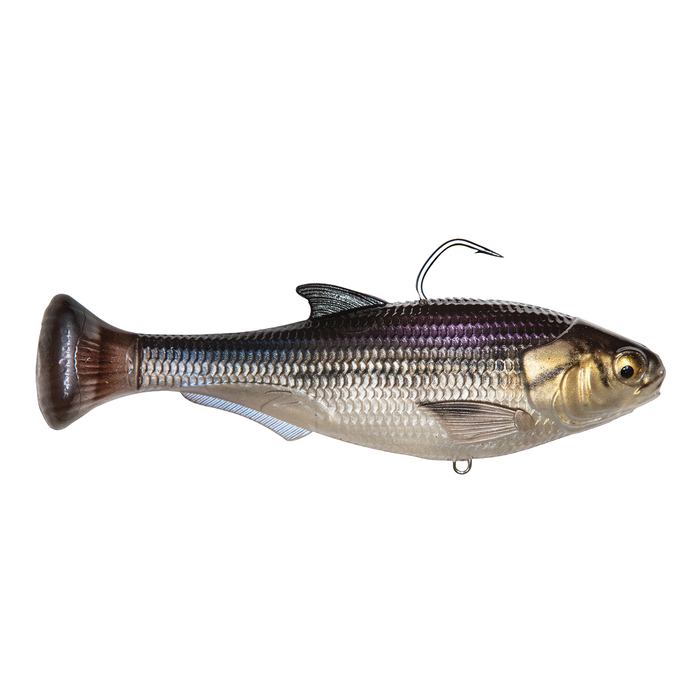 Z-Man Shadtron LT fishing lure resembling a small fish with metallic silver and dark purple scales, detailed fins, and a single hook embedded on top for fishing tackle use.