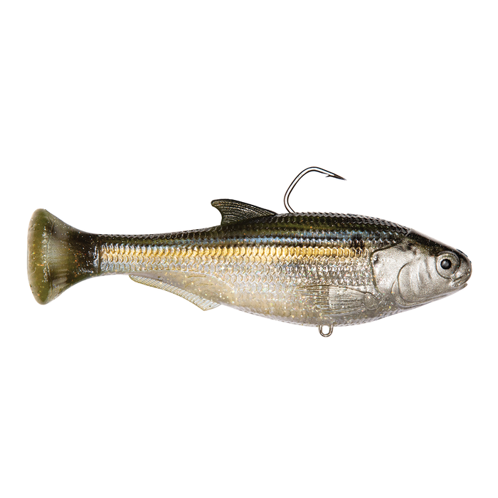 Z-Man Shadtron LT fishing lure designed to mimic a small baitfish with realistic silver and green coloring, featuring a soft body and a single embedded hook for musky fishing.