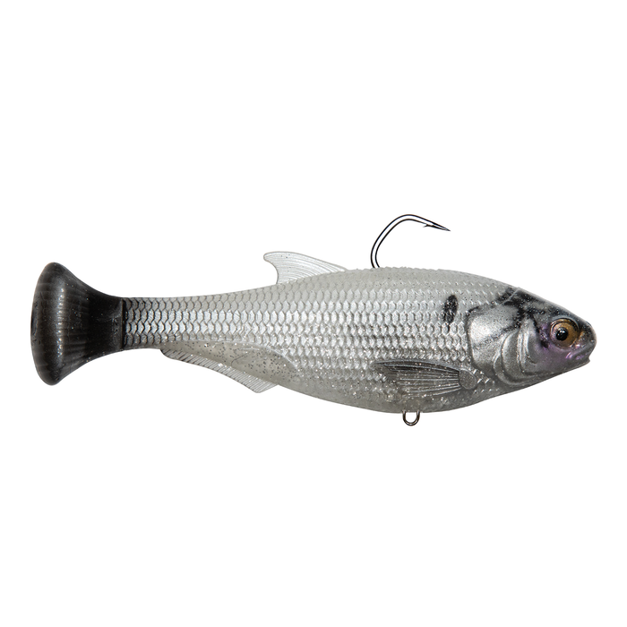 Soft plastic fishing lure shaped like a small realistic fish with a dark tail and a single hook on top, identified as Z-Man Shadtron LT.
