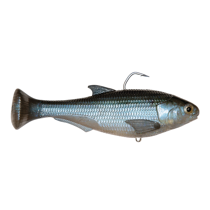 Z-Man Shadtron LT soft swimbait imitating a small fish with realistic scales, a paddle tail, and an embedded hook, designed for fishing tackle use.
