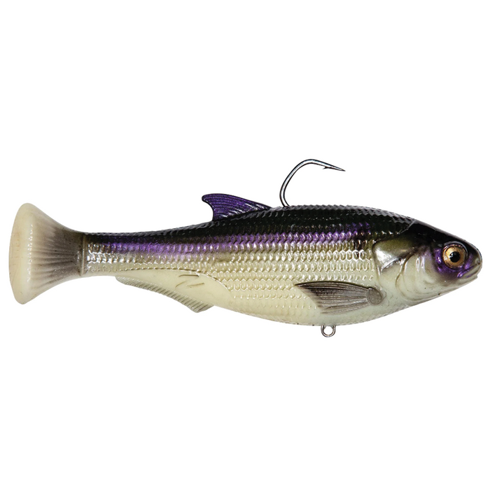 Detailed side view of a lifelike fishing lure with a purple and silver fish design, featuring a top hook and soft tail, identified as the Z-Man Shadtron LT for fishing tackle.