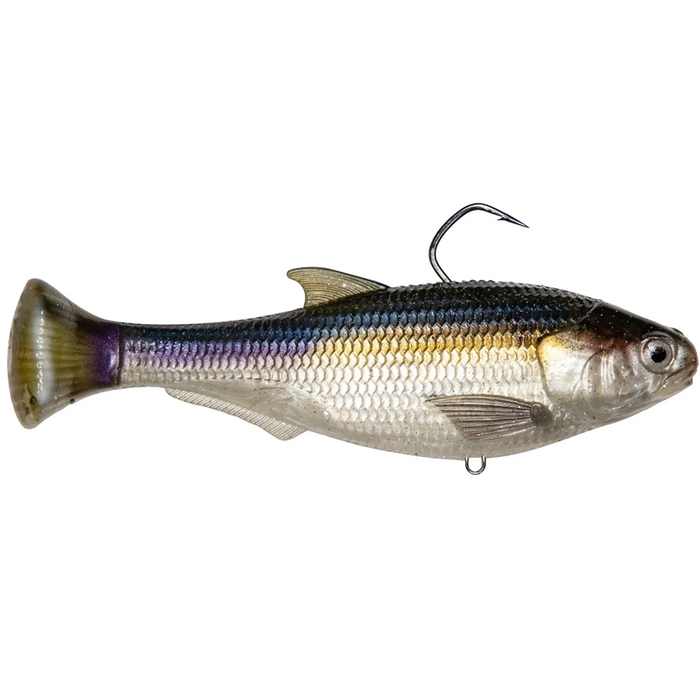 Z-Man Shadtron LT is a realistic, soft fishing lure designed to resemble a small baitfish with a curved tail and a sharp single hook for effective fishing tackle use.