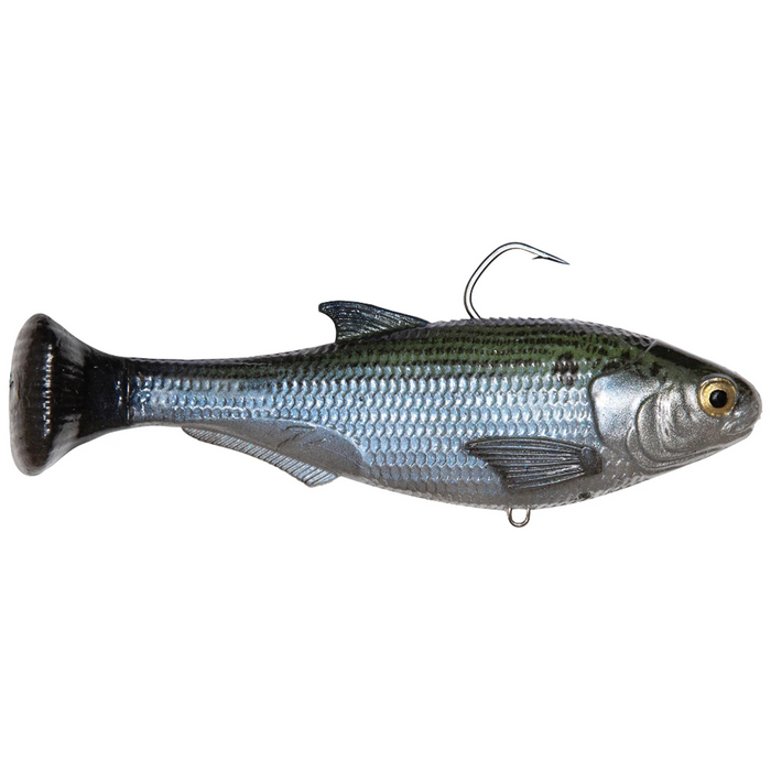 Z-Man Shadtron LT fishing lure in silver and dark green with detailed fish scale texture and a single exposed hook, designed for freshwater fishing tackle.