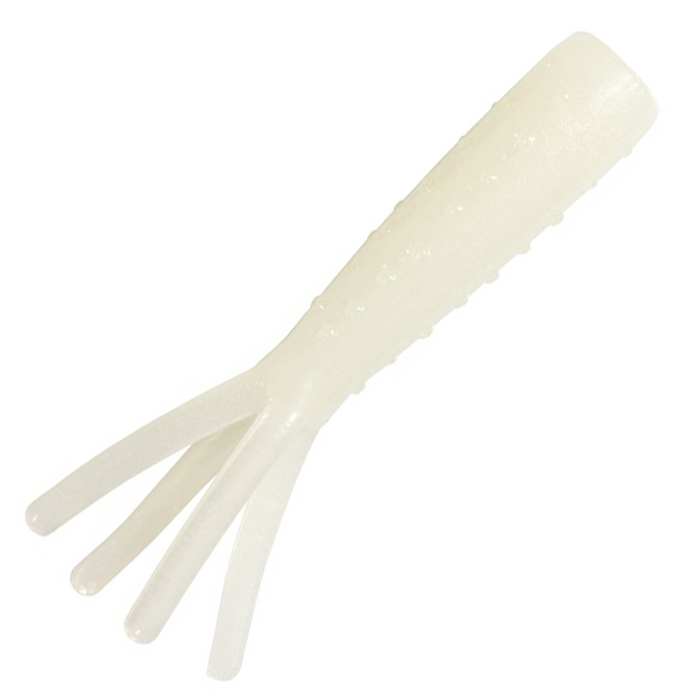 Z-Man Tiny Ticklerz 1.75" soft plastic fishing lure in translucent white with four flexible appendages designed for lifelike underwater movement.