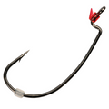 Single fishing hook with a sharp point, a small barb, and a red plastic bite indicator, designed for use with fishing tackle as a Z-Man ZWG Worm Hooks product.