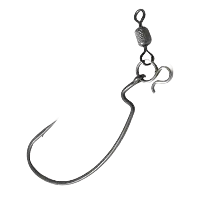 Zappu System RPZ Hook Standard, a sharp, curved black fishing hook with an integrated swivel and latch, designed for secure attachment in fishing tackle setups.
