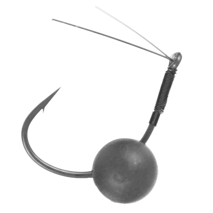 Close-up view of a Zappu Zero Inch Wacky Plus Hook featuring a sharp curved hook attached to a round weighted jig head with a weed guard wire, designed for fishing tackle and lures.