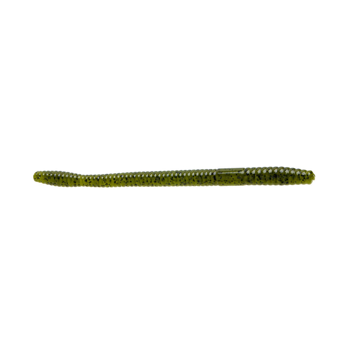 Zoom 7" Magnum Trick Worm soft plastic fishing lure in green with black speckles, designed for musky fishing and effective as part of fishing tackle.