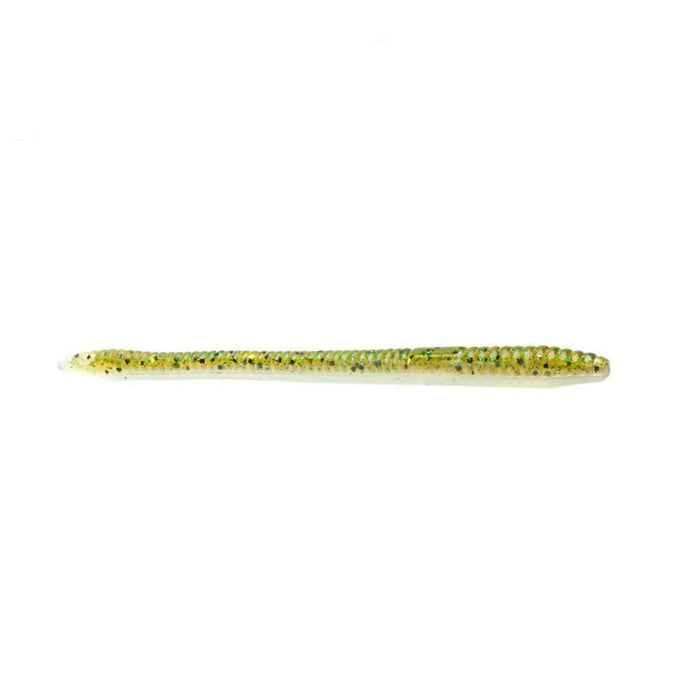 Zoom Finesse Worm fishing lure in translucent green with speckled detailing, designed for finesse fishing applications and attracting bass.