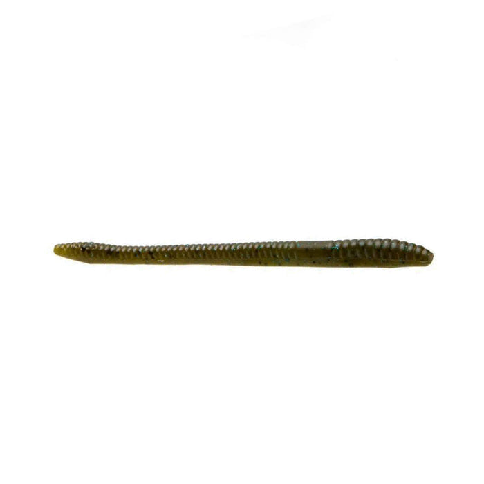 Zoom Finesse Worm fishing lure in olive green with subtle ribbed texture, designed for precise finesse fishing and effective presentation in freshwater angling.