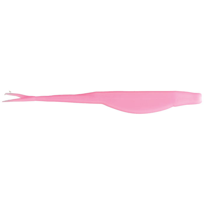 Zoom Bait Company Mag Super Fluke fishing lure in solid pink with a tapered, elongated body and forked tail designed for lifelike swimming action in fishing tackle.