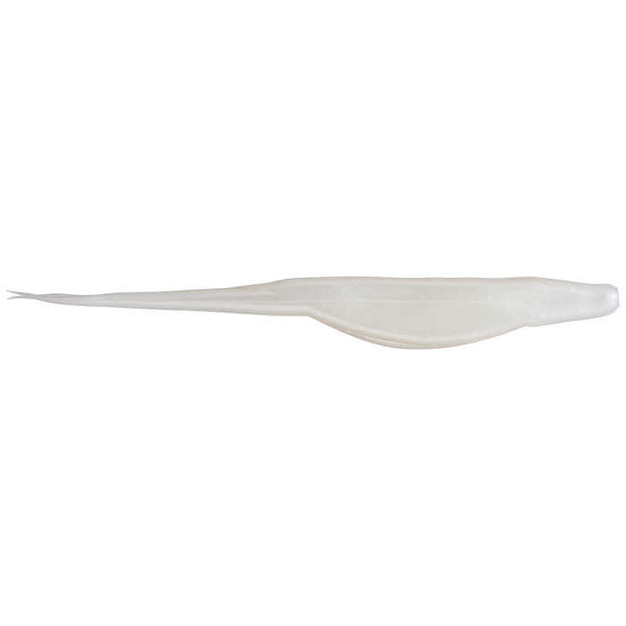 Zoom Bait Company Mag Super Fluke fishing lure in translucent white, designed for effective action in water as a versatile fishing tackle for musky and other fish species.