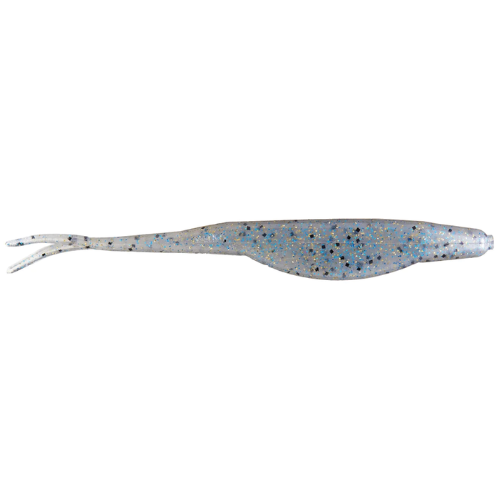 Zoom Bait Company Mag Super Fluke soft plastic fishing lure in translucent gray with blue and black glitter, designed for lifelike action in fishing tackle setups.