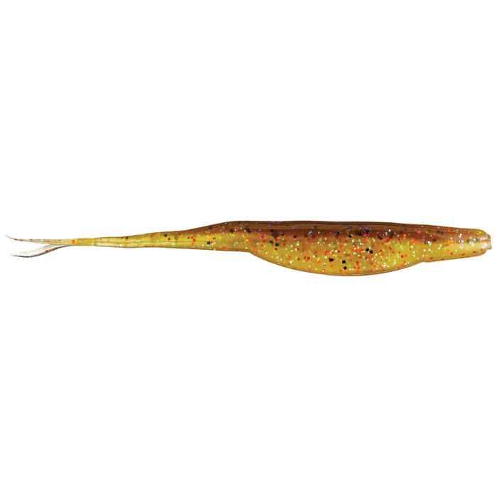 Zoom Bait Company Mag Super Fluke soft plastic fishing lure in translucent yellow and brown with multicolored glitter, designed for musky and freshwater fishing tackle.