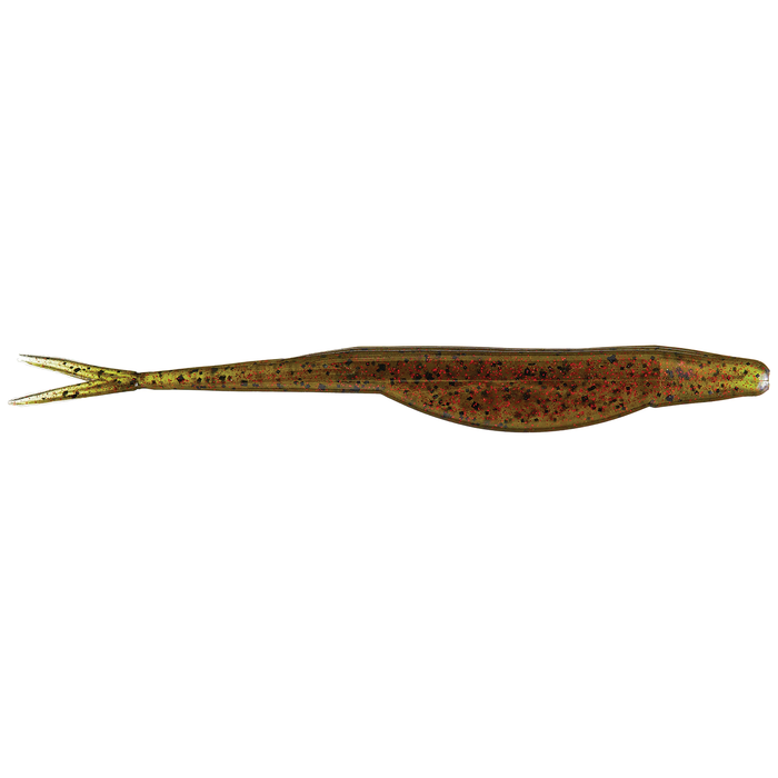 Zoom Bait Company Mag Super Fluke fishing lure in translucent brown with red and black flecks, designed for effective freshwater fishing tackle and musky lure setups.