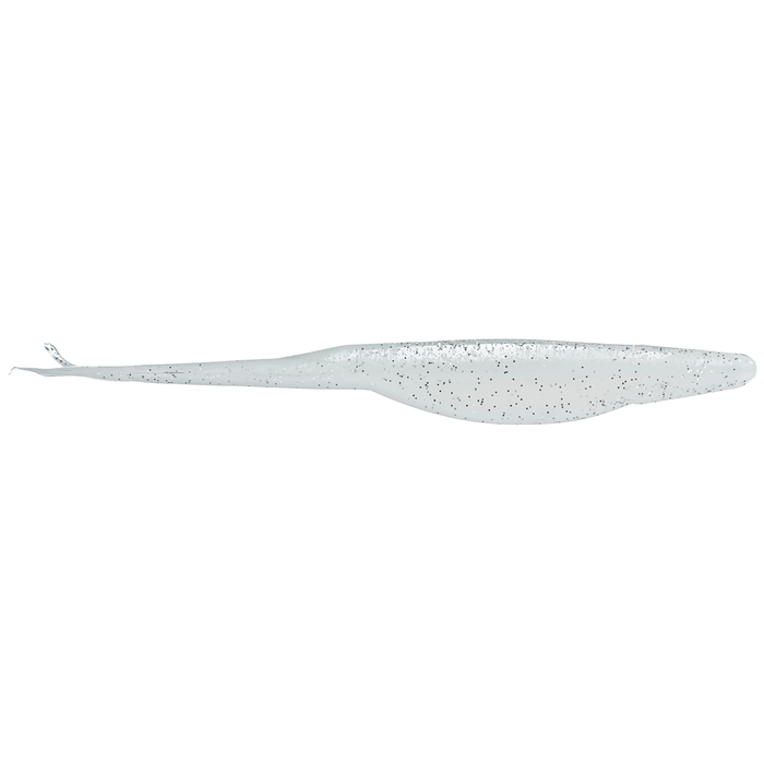 Zoom Bait Company Mag Super Fluke fishing lure in translucent white with black speckles, designed for musky and other freshwater fishing applications.