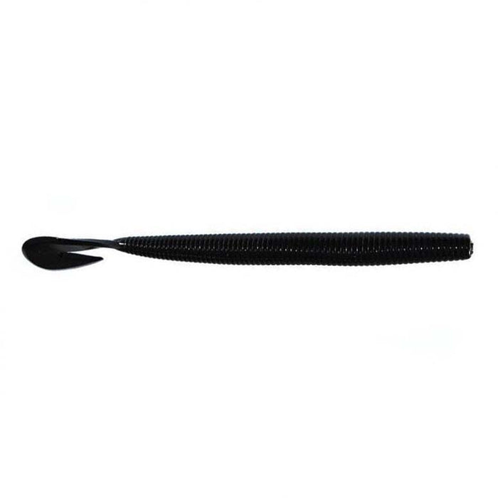 Zoom Magnum UV Speed Worm fishing lure in black, featuring a ribbed body and curved tail designed for realistic movement in water.