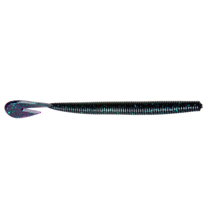 Zoom Magnum UV Speed Worm fishing lure in dark color with blue and purple speckles, featuring a ribbed body and curly tail for lifelike movement in water.