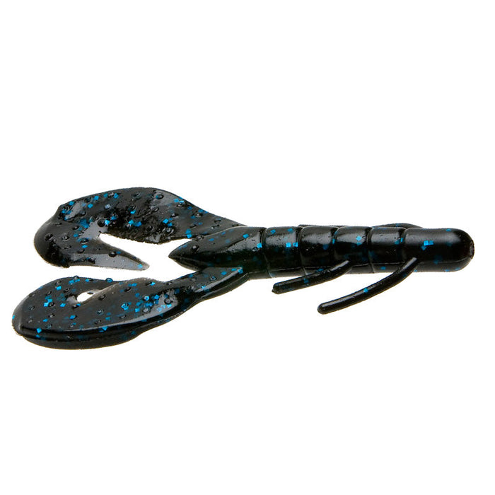 Zoom Super Speed Craw fishing lure in black with blue speckles, designed with claw-like appendages for realistic movement in fishing tackle.
