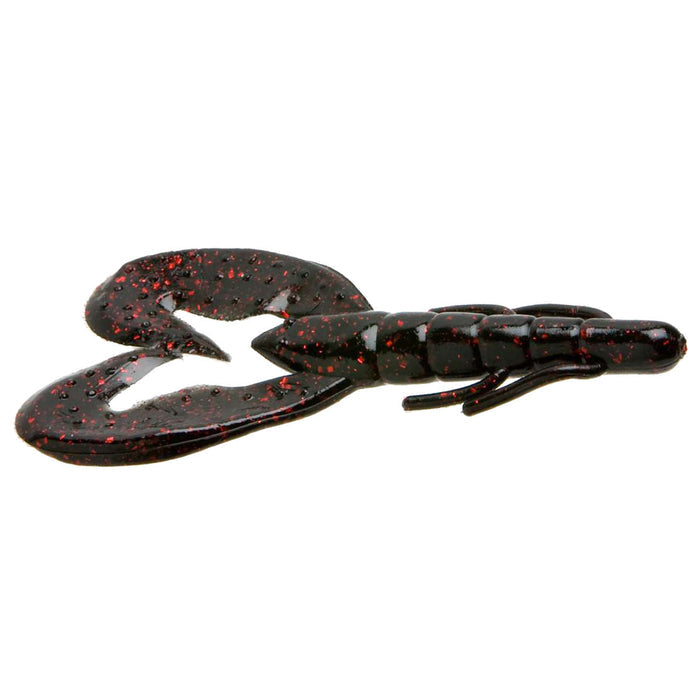 Zoom Super Speed Craw fishing lure in black with red flakes, designed to imitate a crawfish with detailed claws and segmented body for effective fishing tackle use.