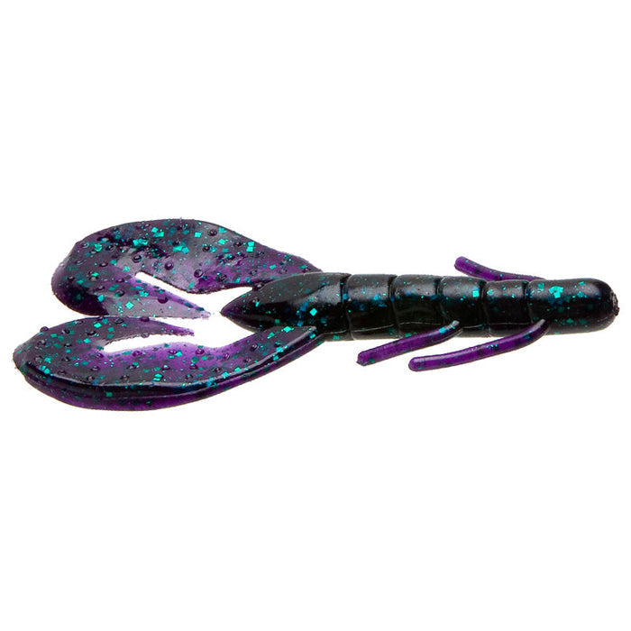Zoom Super Speed Craw fishing lure in dark purple with blue-green flecks, designed to imitate a crawfish for effective freshwater fishing tackle.