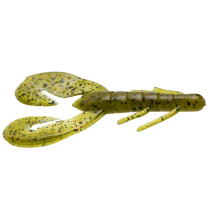 Zoom Super Speed Craw soft plastic fishing lure in green with black and red speckles, designed to mimic a crawfish for effective freshwater fishing.