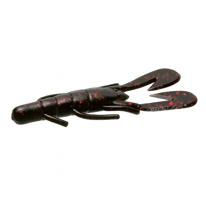Zoom Bait Company Ultra-Vibe Speed Craw fishing lure in black with red speckles, designed to mimic a crawfish with curved claws and segmented body for effective fishing tackle.
