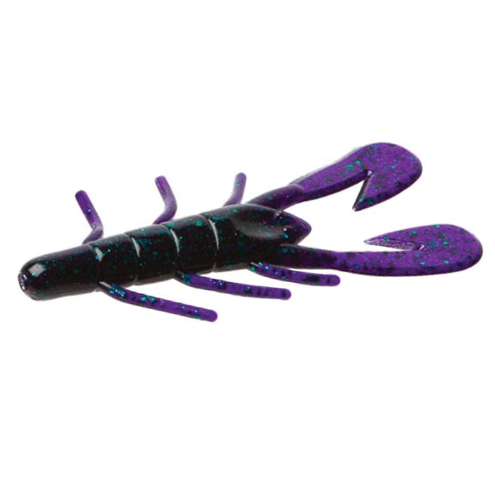 Zoom Bait Company Ultra-Vibe Speed Craw fishing lure in black and purple with segmented body, multiple legs, and curved pincers designed for realistic movement in fishing tackle.