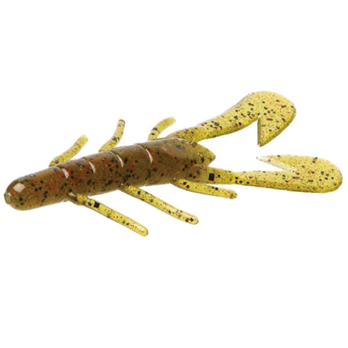 Zoom Bait Company Ultra-Vibe Speed Craw fishing lure in green with black and red speckles, designed to mimic a crawfish with multiple legs and pincers for fishing tackle use.