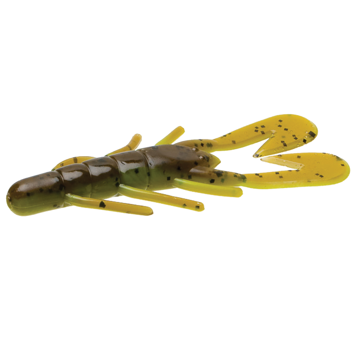 Zoom Bait Company Ultra-Vibe Speed Craw in green and yellow with black speckles, designed as a soft plastic fishing lure for musky and freshwater fishing tackle.