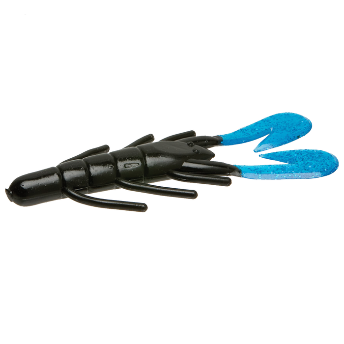 Zoom Bait Company Ultra-Vibe Speed Craw fishing lure in black body with blue tipped claws designed to mimic a crawfish for attracting muskies and other game fish.