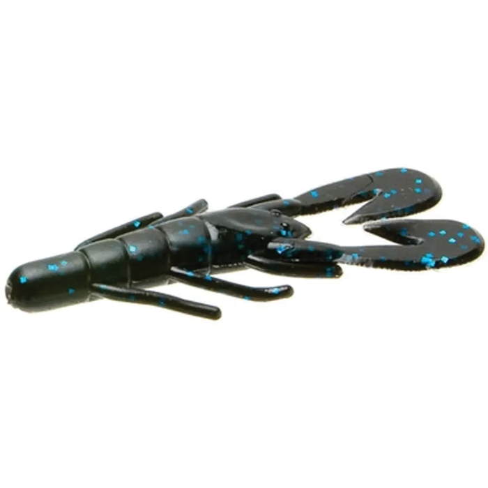 Zoom Bait Company Ultra-Vibe Speed Craw fishing lure designed to mimic a crawfish with segmented body and claws, featuring a dark color with blue flecks for enhanced visibility.