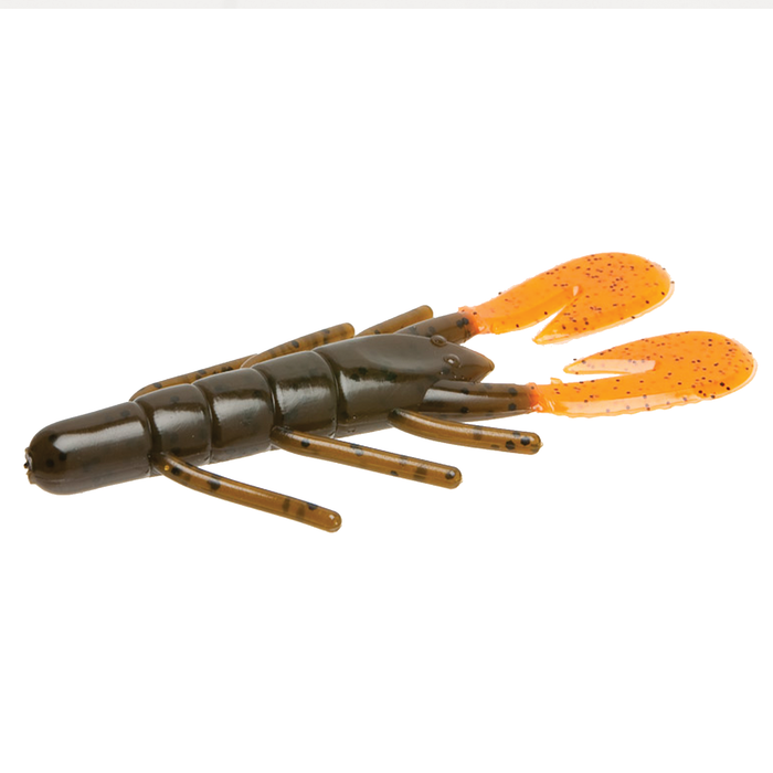 Zoom Bait Company Ultra-Vibe Speed Craw fishing lure designed to resemble a crawfish with segmented dark body and bright orange claws with speckles, ideal for fishing tackle.