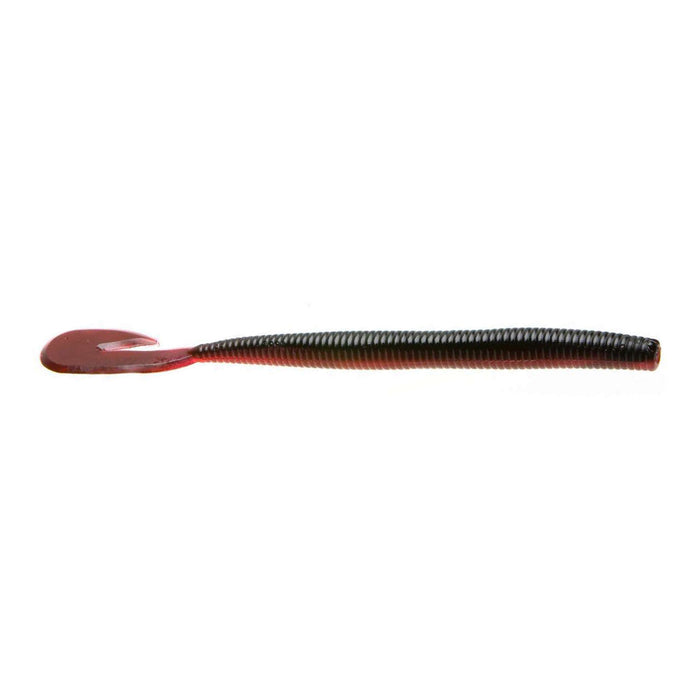 Zoom UV Speed Worm fishing lure in dark green and red colors with a ribbed body and curled tail designed for musky and freshwater fishing tackle.