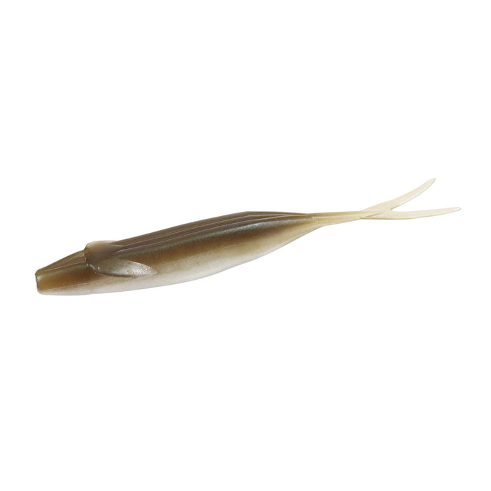 Zoom Bait Company Winged Fluke soft plastic fishing lure in natural brown and cream tones with a slender body and forked tail designed for realistic movement in water.