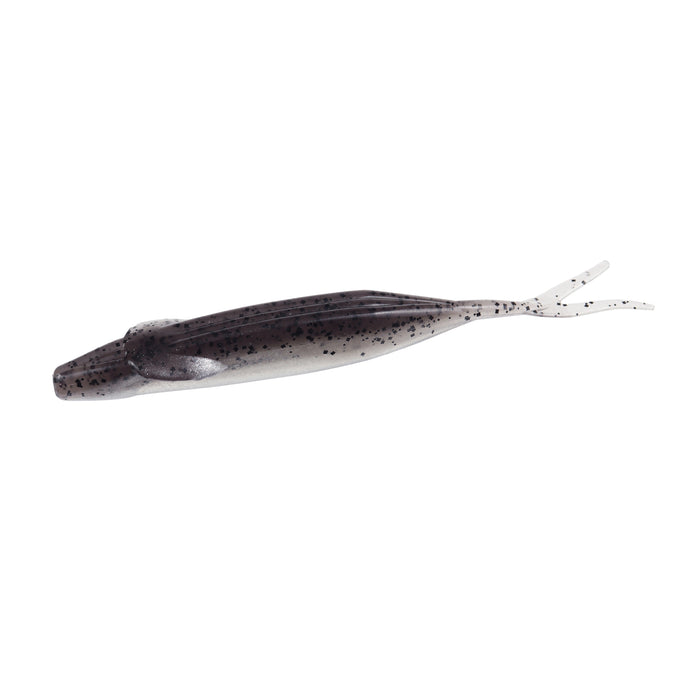 Zoom Bait Company Winged Fluke fishing lure in translucent gray with black speckles, designed to imitate a small baitfish for effective fishing tackle use.