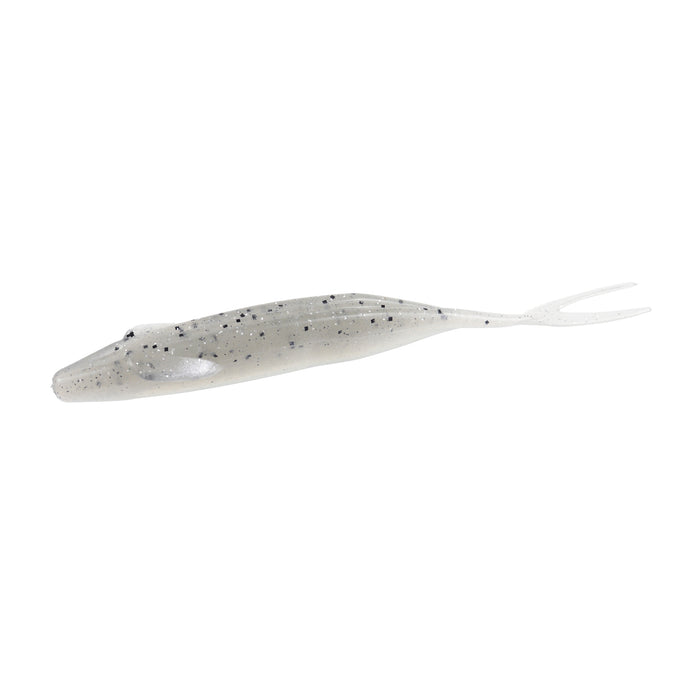 Zoom Bait Company Winged Fluke soft plastic fishing lure in a translucent gray color with black speckles, designed for use as fishing tackle.
