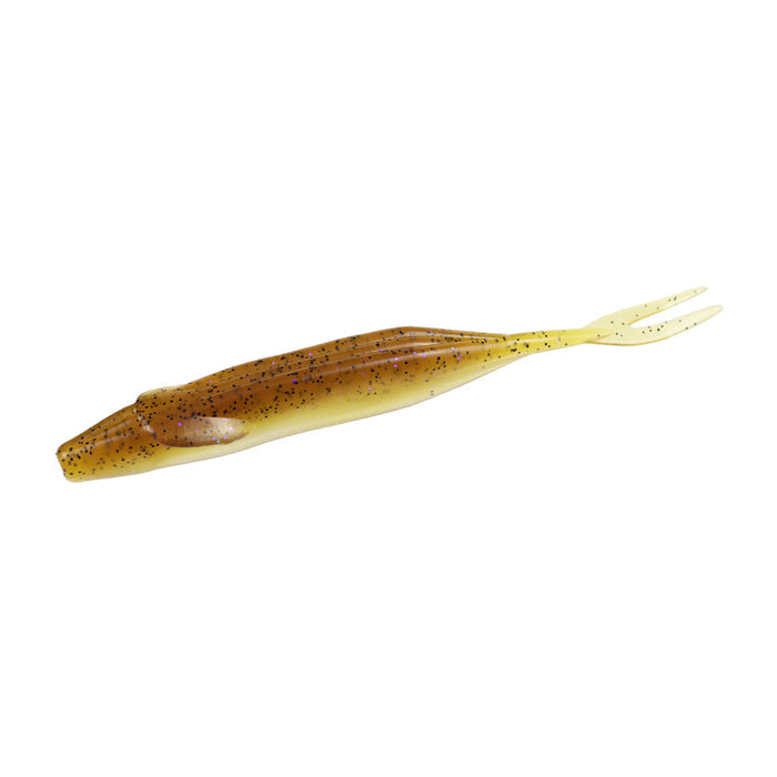 Zoom Bait Company Winged Fluke fishing lure in a brown and yellow translucent color with black speckles, designed for freshwater fishing tackle use.